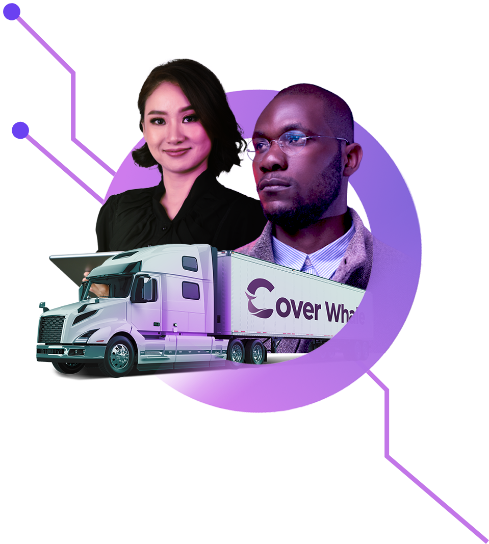 A Cover Whale 18 wheeler and two employees within a circle