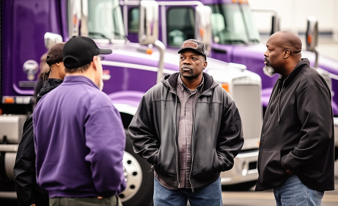 A group of truckers chatting in front of parked semis