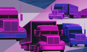 Overlapping illustrations of colorful semi trucks