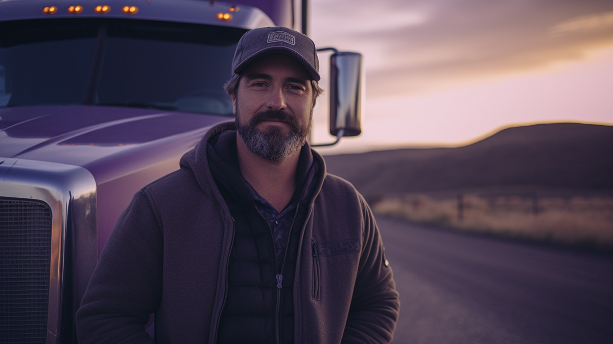 man standing in front of semi on an open highway in the evening