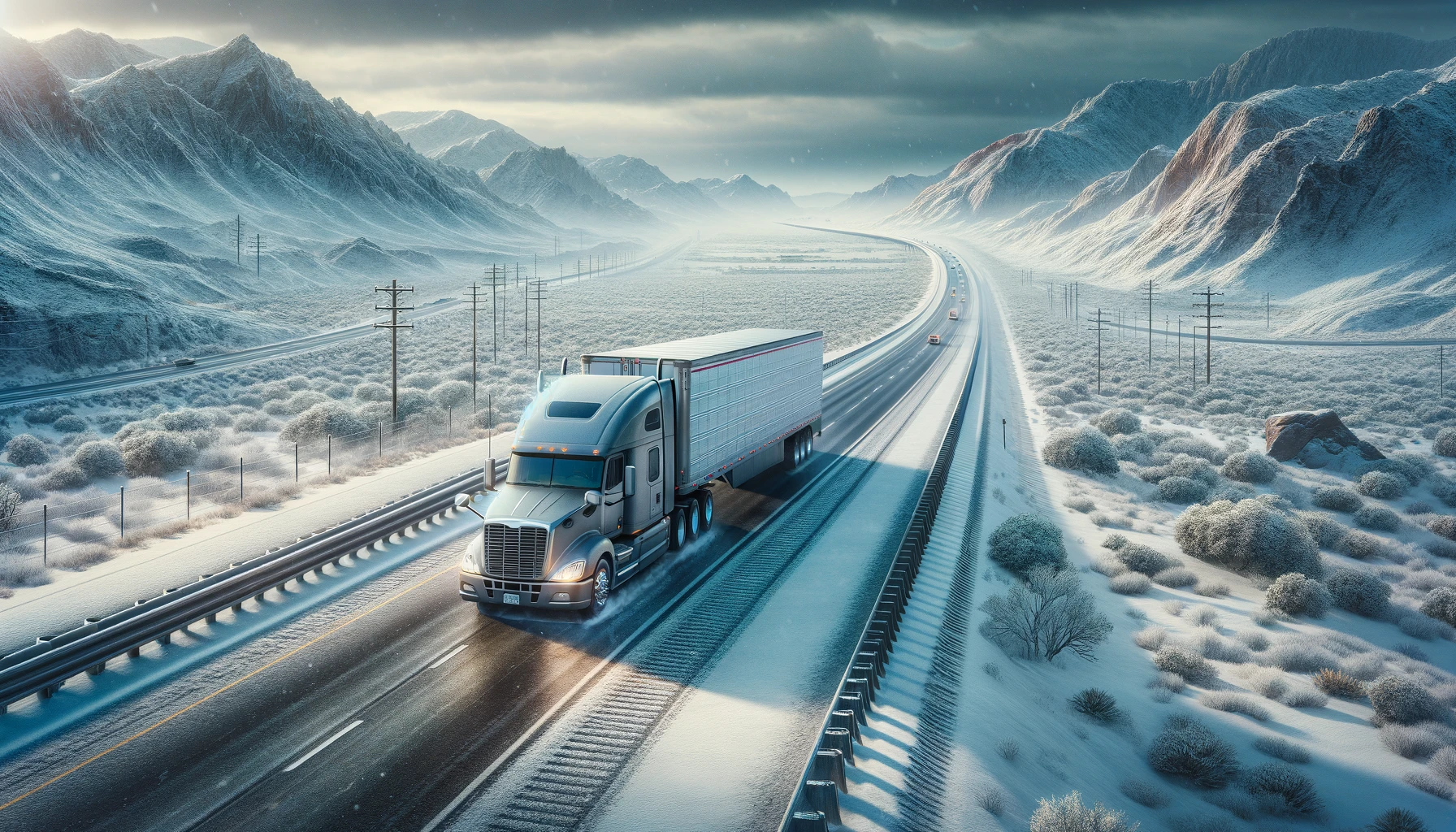 Truck driving safely on a snowy road during winter, highlighting winter trucking safety.
